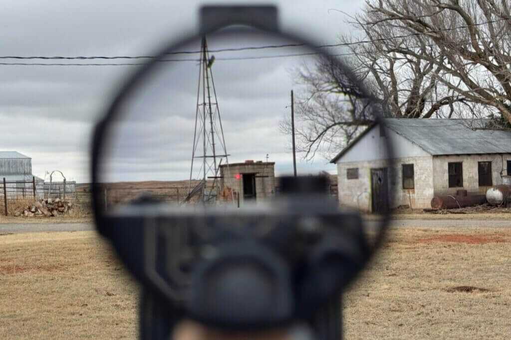 View through Vortex AMG 1-10x24 at 1X magnification showing bright reticle and fast sight picture