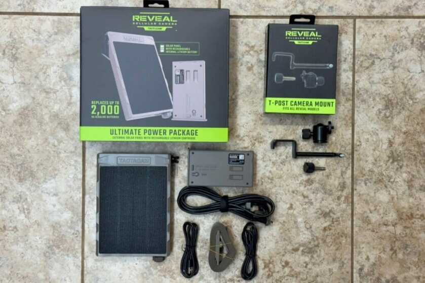 Tactacam REVEAL Ultra accessories including lithium cartridge and trail camera support gear