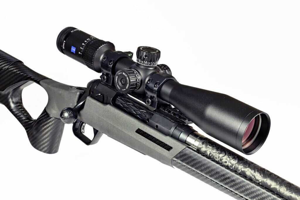 Savage 110 KLYM V2 rifle with Zeiss Conquest V4 6-24x50 scope on a 20-MOA Picatinny rail