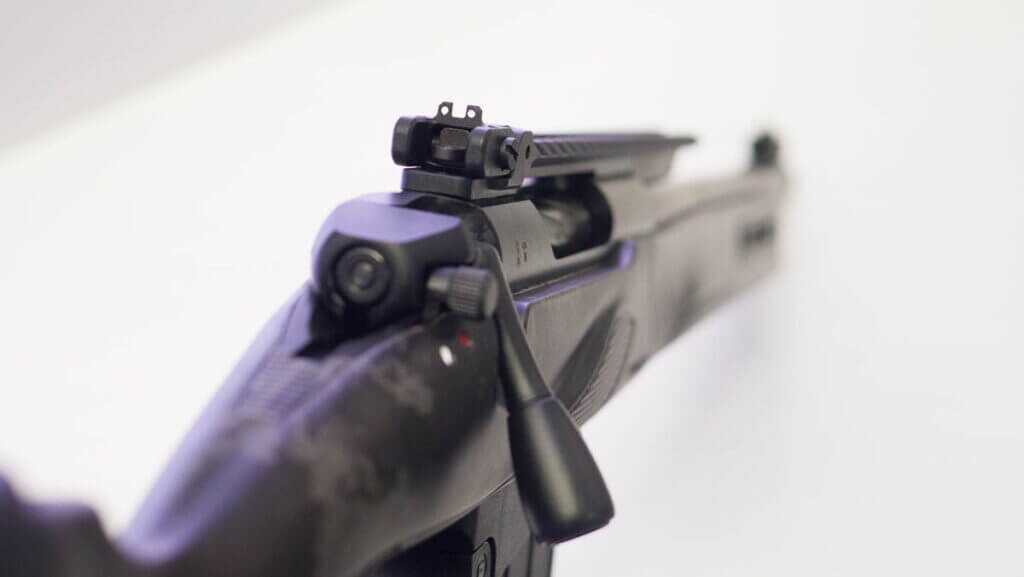 Close up view of the rear sight in three dot configuration.
