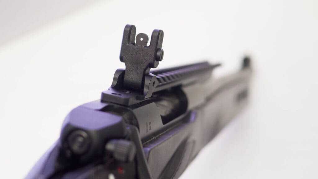 Close up of the rear sight in aperture mode.