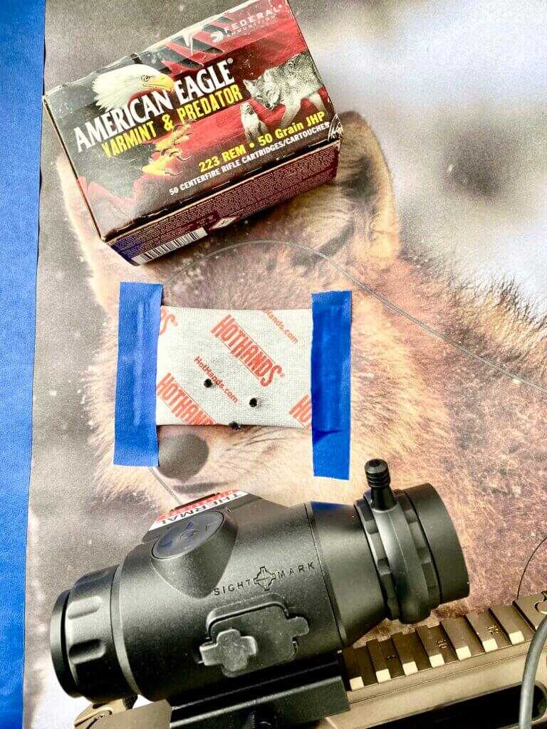 Delta McKenzie coyote target after 100 yard shooting with the Sightmark Shade thermal scope