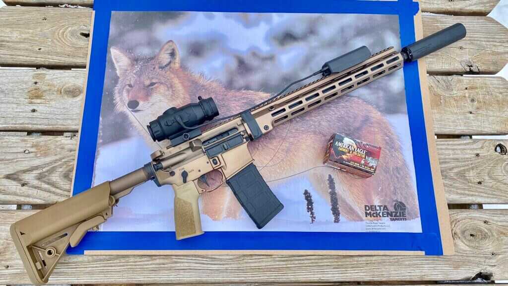 Geissele Super Duty rifle with Operator 5.56 suppressor and American Eagle .223 Rem ammo test setup