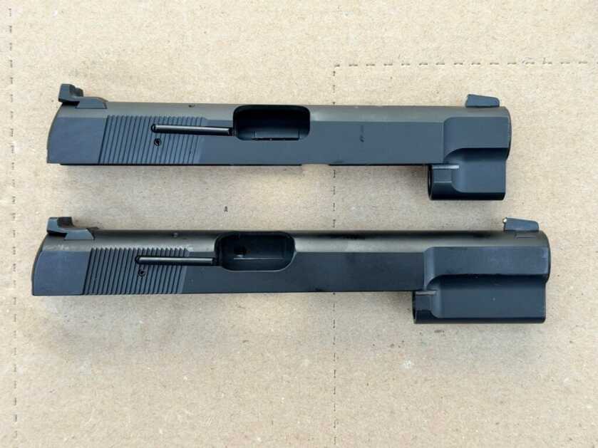 Springfield Armory SA-35 4-inch slide compared with full-size SA-35 slide, showing the shorter compact top end