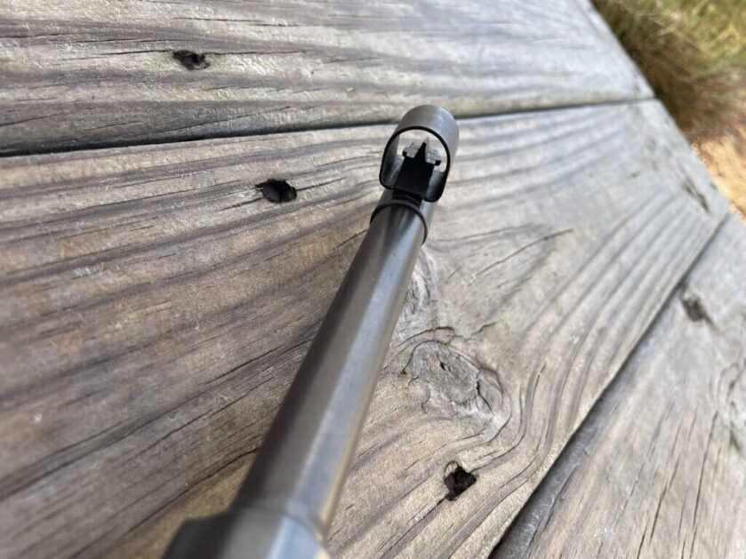 Front sight of Mauser Karabiner 98k with hooded post and serrations
