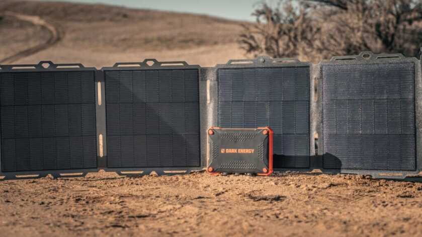 Dark Energy Basecamp Bundle with Poseidon XL and Spectre 56W forming a portable off-grid power system for hunters and shooters