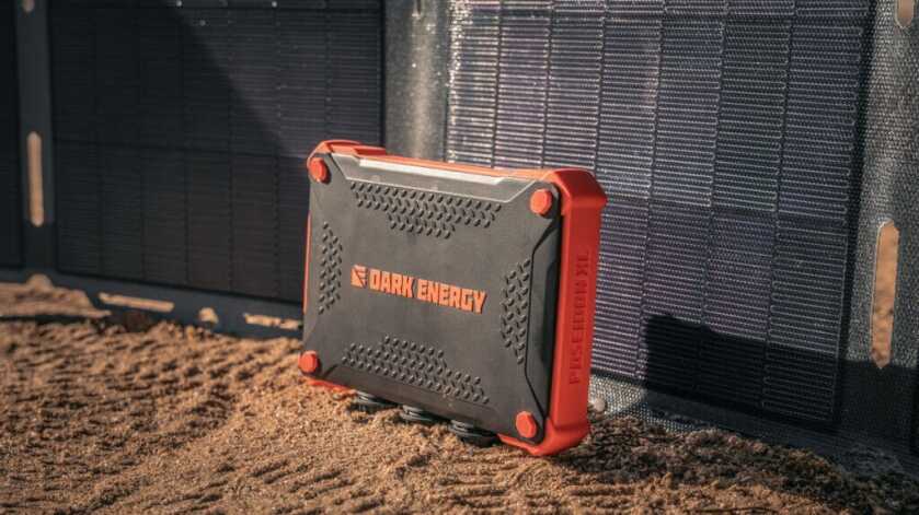 Dark Energy Basecamp Bundle with Poseidon XL connected to Spectre 56W solar panel for all-day field charging