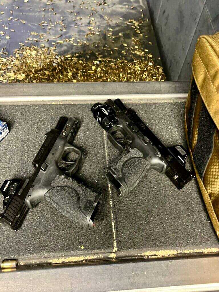 Smith & Wesson M&P 2.0 Compact and Full Size pistols at the range showing California-available 9mm variants
