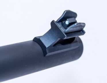 The front sight features a removable post and is protected by wings.