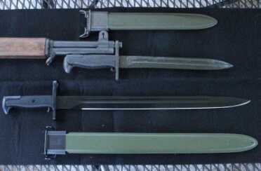 The US M-42 bayonet was made for the M1 Garand, and also fits the M-1903 Springfield. The original design had a 16" blade, but most were cut down to 10" in 1943. This is a reproduction of the original 16" length. 