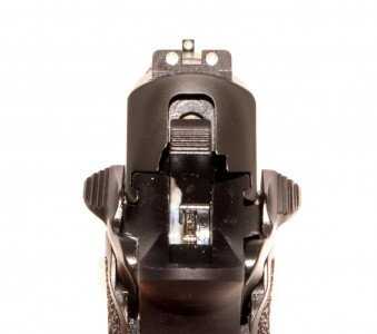 The safety levers are identical on both sides. As you can see, the Sig Lite sights are plenty clear in the daytime too.