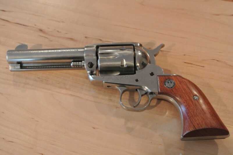 The finished product.  I like how they stand out on a stainless revolver.  The niter blue also looks classy next to color case hardened too. 