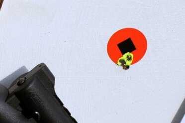 This is actually five shots, made from 25 yards--shots were made from the shoulder, standing. This is the first five shots I made with the gun, but it repeated this performance over and over again. 