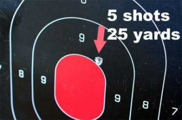 This is from 25 yards, standing, with the iron sights aimed at the #9. These groups were shot with Gorilla Ammo, 69 grain match king.