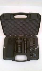 The package includes chargers for both the Li-Ion battery as well as the flashlight battery, and an extra flashlight battery in case you leave it on.