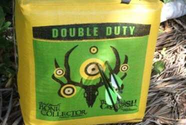 Prepping 101: The Silent Kill - But NOT a Silencer! This Bone Collector target linked in the article was able to stop the bolts short of the feathers, but I don't know if it will do it twice in the same hole. Note that this was offhand, 20 yards away, and two of the arrows are touching. Use different points of aim when you test your crossbow or you will split arrows.
