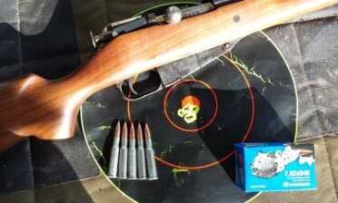 Resulting accuracy is great with the new Mosin. This is my repeatable 5 shot group at 50 yards with the stock open sights. 