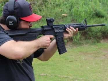 The GLOCK is pointed right at your shooting hand, but the recoil from the .223 isn't enough to cause a major GLOCK malfunction. So don't be afraid to pull the trigger.