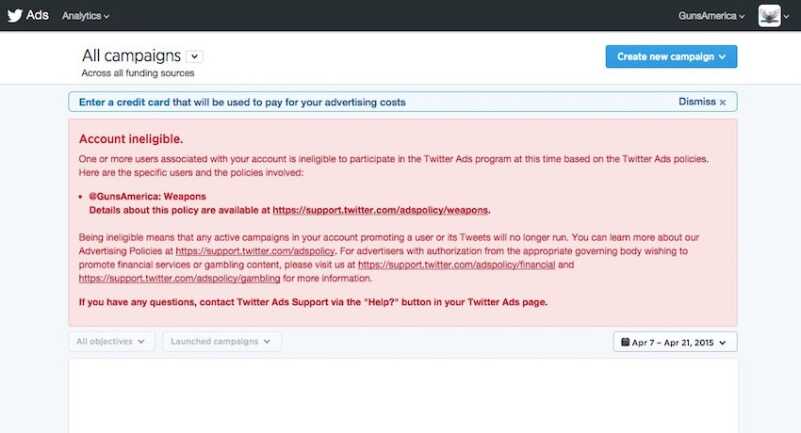 Twitter does not allow the promotion of "weapons."  