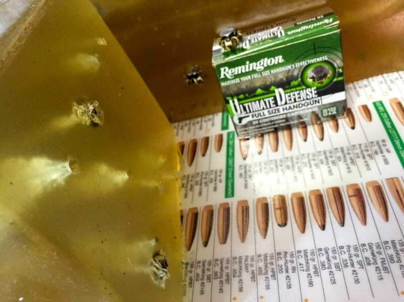 Ammo Test: Remington Ultimate Defense 9mm 124 Grain Full Size Handgun I used two gel blocks end to end, and am glad I did. Penetration was between 16 and 17 inches.