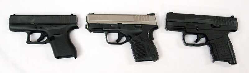 The GLOCK 43, a Springfield-Armory XD-S, and a Walther.