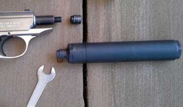 Here’s the Guardian silencer for the .22. Installation is as simple as removing the thread protector with the supplied wrench and screwing on the silencer.