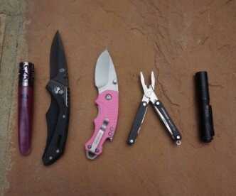 A Gerber, a Kershaw, a Leatherman, a Streamlight, lip-gloss...