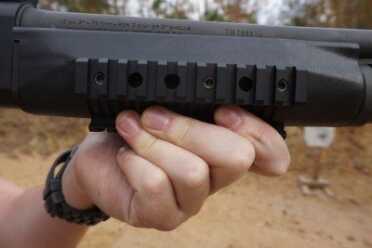 More upgrades from Pro Mag. A railed forend is harder to hold, but more versatile. 