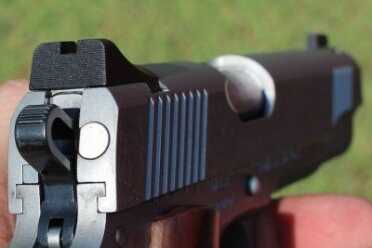 The sight picture and the bobbed hammer. 