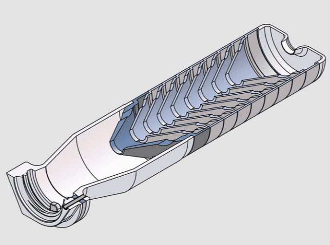 The suppressor body is made of a stack of baffle rings welded together.