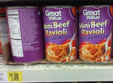 These big cans of beef ravioli have 990 calories. That works out to 500 calories per dollar. 