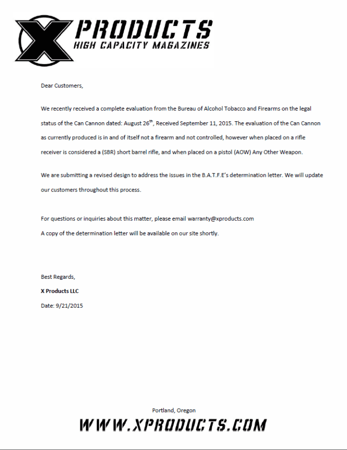 A letter from XProducts on the Can Cannon evaluation. (Photo: XProducts) 