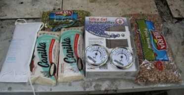 I realized that the space you would take up with a desiccant pack is really a waste. One of the packs I bought is the same size as a pound of rice. The other is about the same size as this 5 lb. bag of beans. Can't eat desiccant, but either of these dried foods will act as a humidity absorber in the cans. 