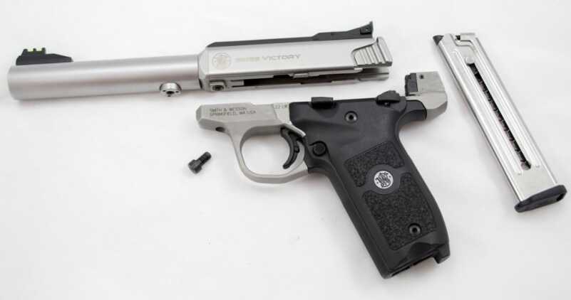 We Shoot the New Smith & Wesson Victory .22 LR Pistol The basic field stripped components.