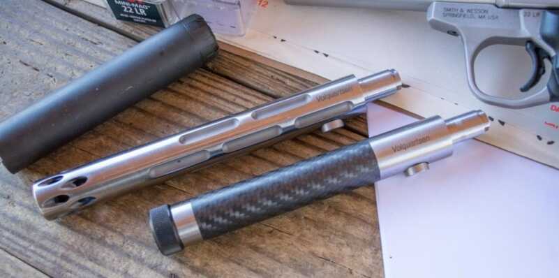 We Shoot the New Smith & Wesson Victory .22 LR Pistol A couple of Victory-compatible Volquartsen barrels.