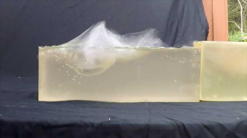 Lehigh defense round entering ballistic gel rapid change of direction and exit out of the topLehigh defense round entering ballistic gel rapid change of direction and exit out of the top