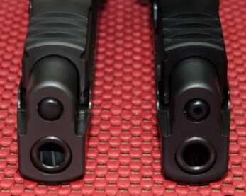 The solid steel guide rod of the Legion (left) adds weight and rigidity out front versus the standard P226 hollow steel rod (right).