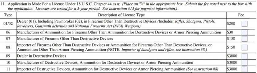 FFL Cost for type of FFL