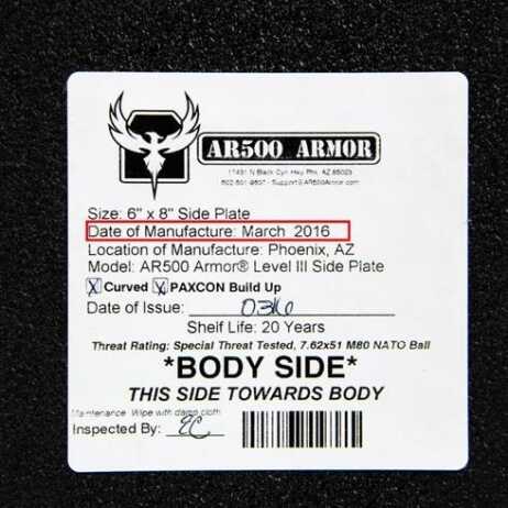 AR500 Armor Recalls Level III Body Armor You can see the date of manufacture boxed in red.