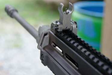 The 805 Bren S1 Carbine comes with a sturdy pair of folding iron sights. Note the heavy protective wings.