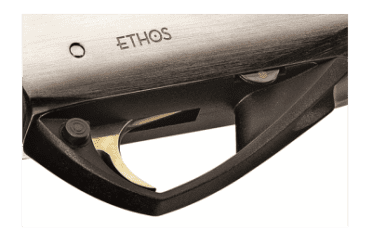 The controls of the shotgun are simple and straightforward. Note the dramatically shaped trigger guard.