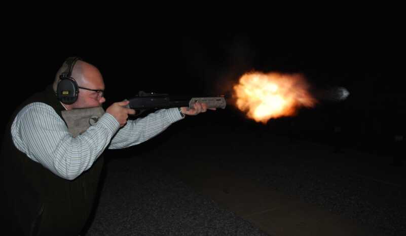 The shorty Nighthawk proved to be very handy and capable on the range. Note the muzzle blast during this night range shoot.
