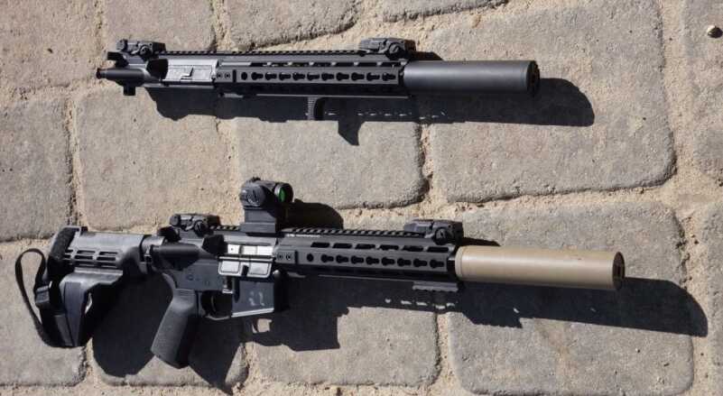 Top, PWS MK114 5.56 pistol upper receiver, with Gemtech Patrolman 5.56 suppressor. Bottom, PWS MK114 300AAC pistol complete, with Gemtech GMT300BLK suppressor. Magpul BUIS on both.