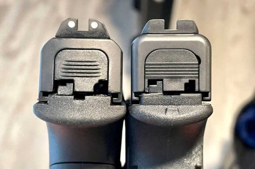 Left: Stoeger STR-9F       Right: Gen 4 Glock 19  I found the STR-9F to have a shorter frame than a Glock 19, but the beavertail on the frame was a little thicker. This caused my hand to sit lower on the frame, and the benefit of the lower slide was almost negated. 