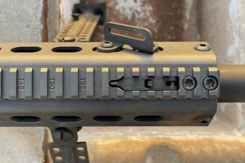 Front pop up iron sight tucked away into the upper receiver of the Barrett M107A1