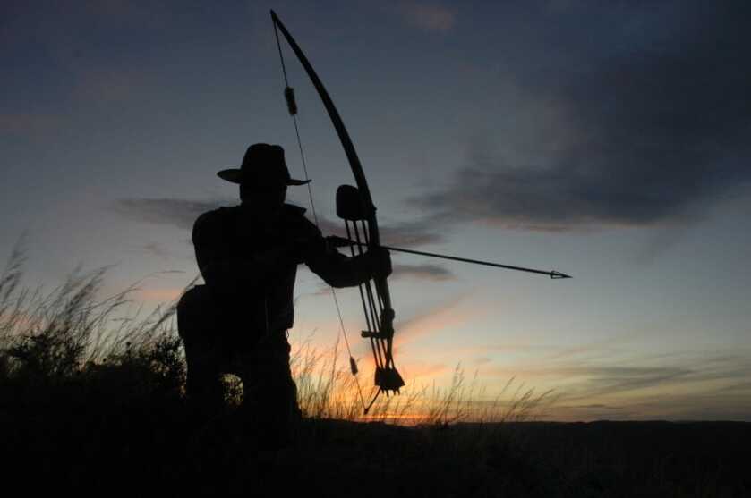 TAKE THE SHOT: A traditional bowhunter is offered a mid-range shot at a moving bull elk. Should he take the shot? Longbow Elk Hunter silhouetted against sunset