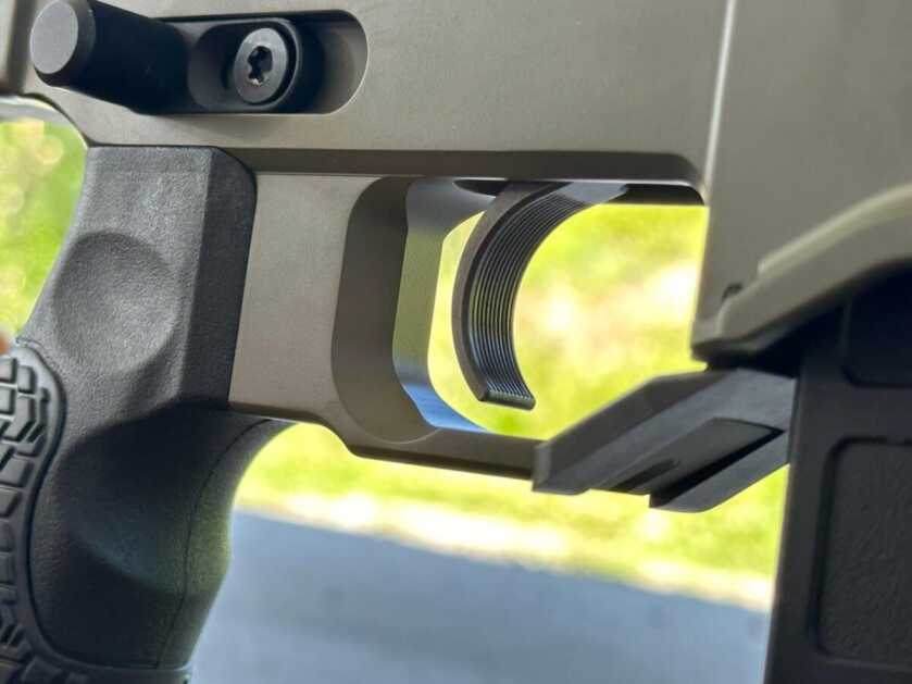 A closeup of the Delta 5 Pro's Timney Hunter Elite trigger.