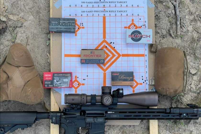 Groups shot from 100 yards utilizing the Vortex Razor 6-36 scope and Cole-Tac shooting bags
