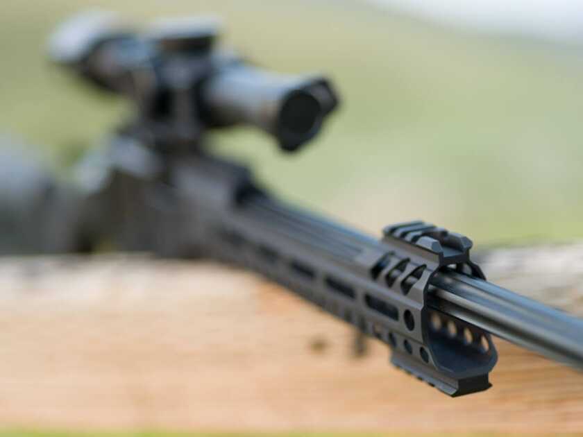 POF Tombstone 9mm close up of the front of the handguard with short Picatinny rails on bottom and top.