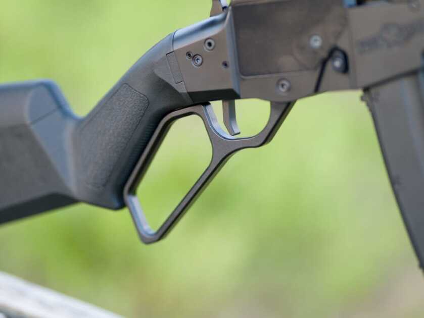 POF Tombstone 9mm closup view of the trigger with the lever action closed.